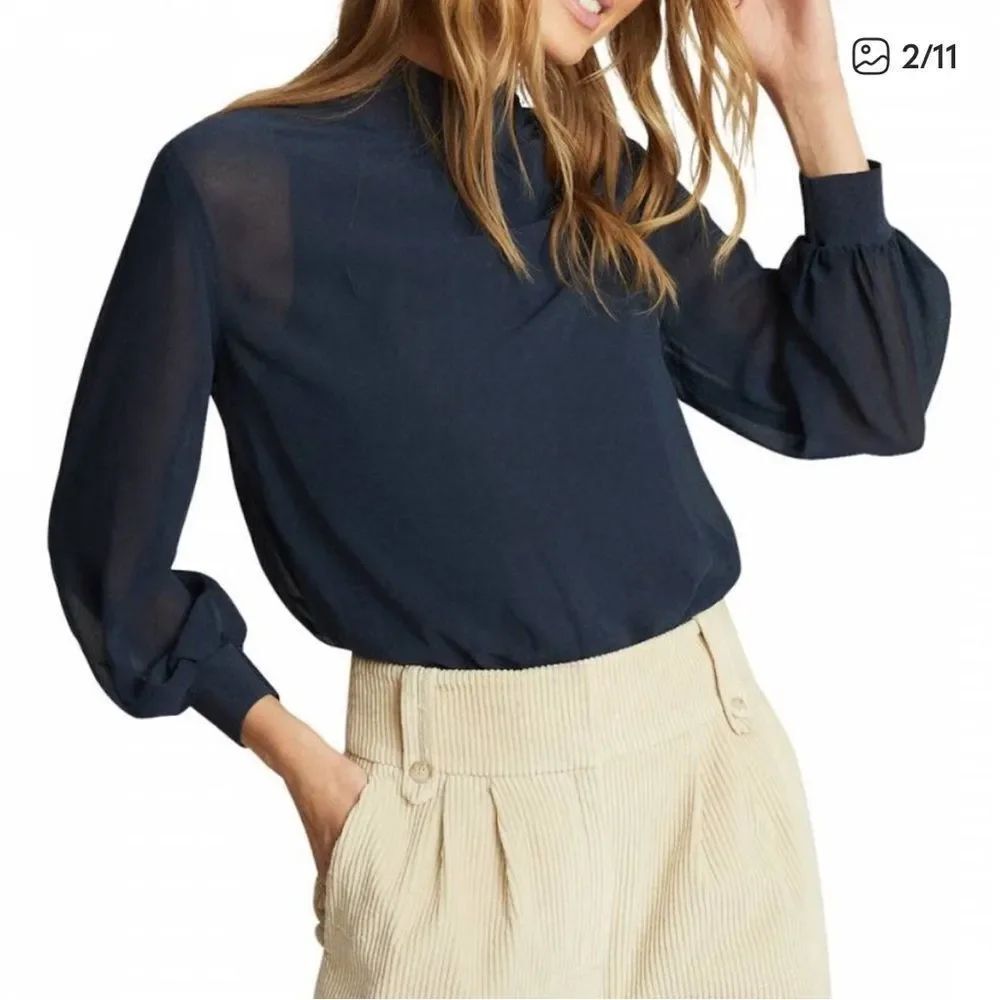 Reiss Sandrine Semi-Sheer Blouse Navy Blue Womens XS